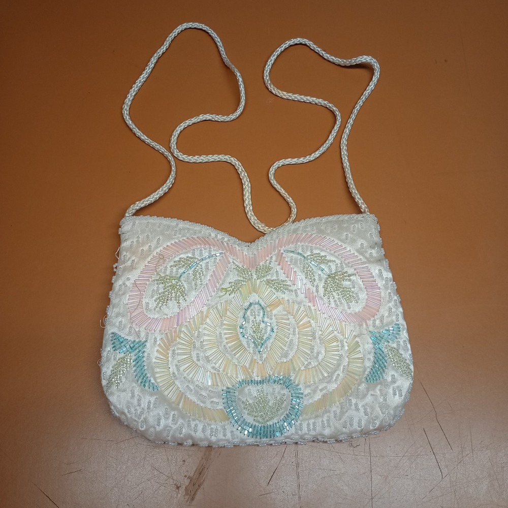 Vintage Beaded White Satin Evening Bag Pastel Floral Crossbody Wedding Clutch